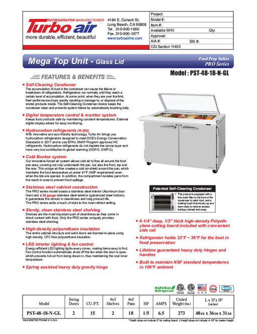 Turbo Air PST-48-18-N-GL 48 1/4" PRO Series Mega Top Sandwich/Salad Prep Table w/ Refrigerated Base - Donut-Equipment.com