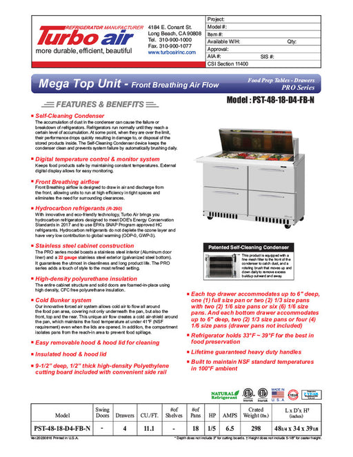 Turbo Air PST-48-18-D4-FB-N PRO Series Mega Top Sandwich/Salad Prep Table Front Breathing Airflow - Donut-Equipment.com
