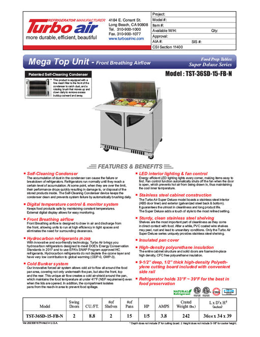 Turbo Air TST-36SD-15-FB-N 36-1/4" Super Deluxe Mega Top Sandwich/Salad Prep Table - Donut-Equipment.com