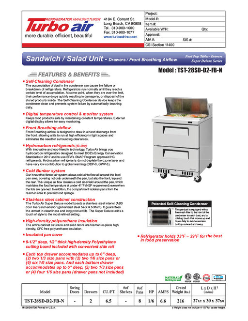Turbo Air TST-28SD-D2-FB-N Super Deluxe 28" Sandwich/Salad Prep Table with Two Drawers - Donut-Equipment.com
