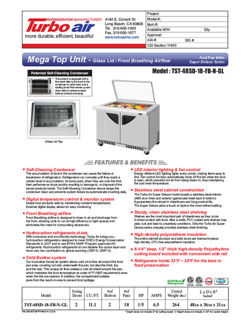 Turbo Air TST-48SD-18-FB-N-GL Super Deluxe 48" Mega Top Sandwich/Salad Prep Table with Glass Lid - Donut-Equipment.com