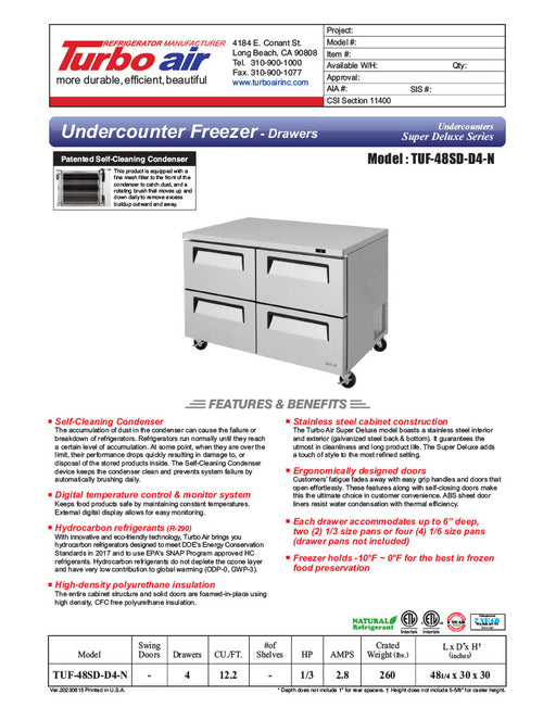Turbo Air TUF-48SD-D4-N 48 1/4" W Undercounter Freezer w/ 2 Sections & 4 Drawers - Donut-Equipment.com