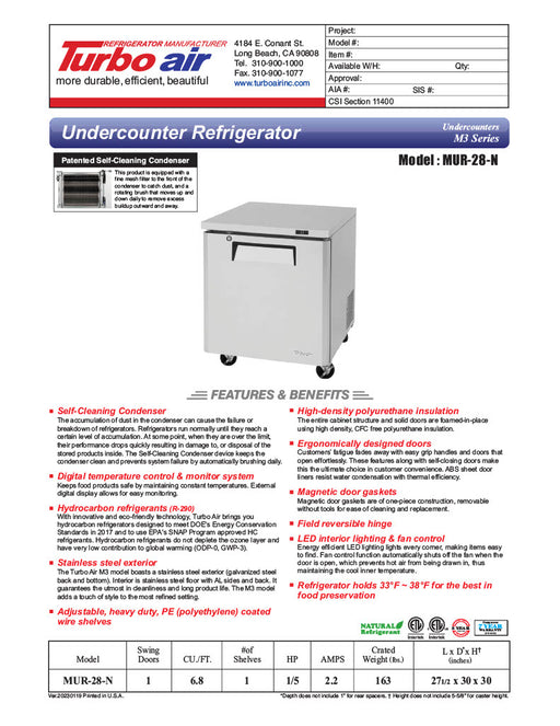 Turbo Air MUR-28-N 27 1/2" W Undercounter Refrigerator w/ 1 Section & Solid Door - Donut-Equipment.com