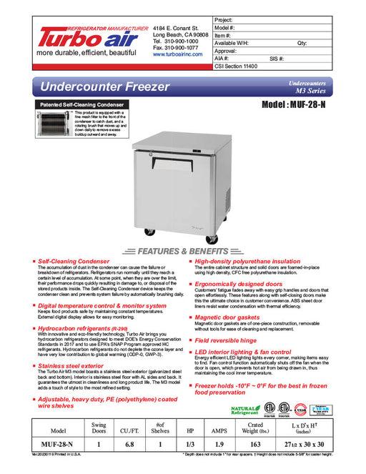 Turbo Air MUF-28-N 27 1/2" W Undercounter Freezer w/ 1 Section & 1 Solid Door - Donut-Equipment.com