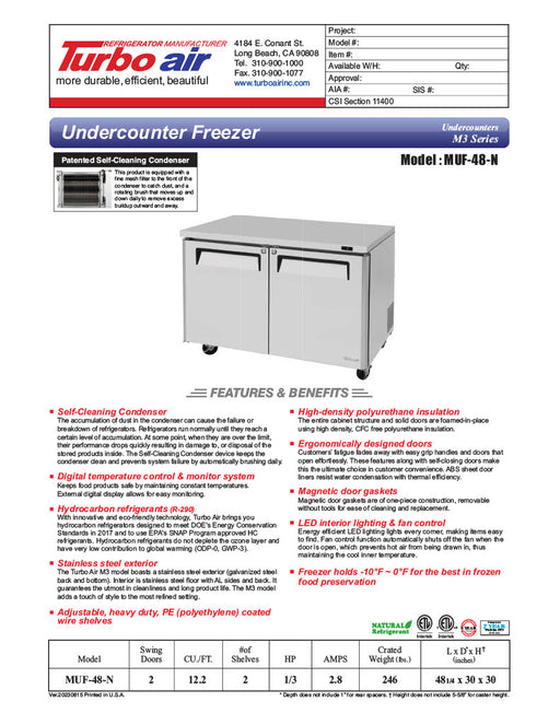 Turbo Air MUF-48-N 48 1/4" W Undercounter Freezer w/ 2 Sections & 2 Solid Doors - Donut-Equipment.com