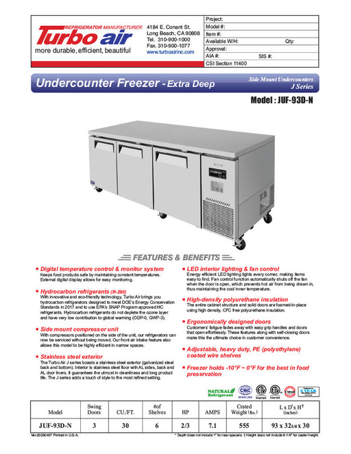 Turbo Air JUF-93D-N J Series 93" Extra Deep Undercounter Freezer w/ 3 Drawers & Side Mounted Compressor - Donut-Equipment.com