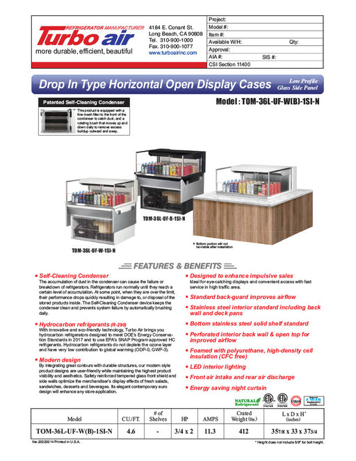 Turbo Air TOM-36L-UF-W-1SI-N 35 7/8" Drop-In Horizontal Open Air Cooler w/ (1) Level – White Exterior, 115v - Donut-Equipment.com