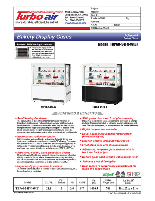 Turbo Air TBP60-54FN-B 59" Refrigerated Bakery Display Case, 3 Levels, Black Exterior, 115v - Donut-Equipment.com