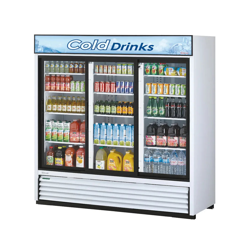 Turbo Air TGM-69R-N 78" White Three Section Glass Door Merchandiser Refrigerator – (3) Swing Doors, LED Lighting, 115v - Donut-Equipment.com