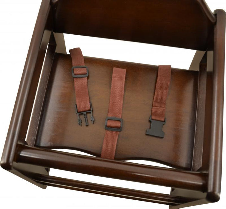 Omcan Commercial Walnut Wooden High Chair – Restaurant-Style Solid Wood Baby High Chair with Safety Strap and Stable Design