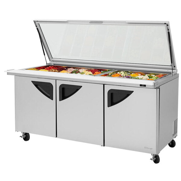 Turbo Air TST-72SD-30-N-GL 72" 3 Door Mega Top Hinged Glass Lid Refrigerated Sandwich Prep Table - Donut-Equipment.com