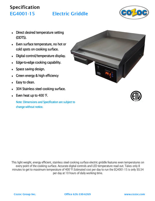 Cozoc Counter Electric Griddle Model EG4001-15