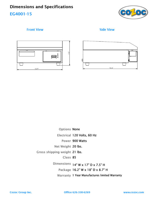 Cozoc Counter Electric Griddle Model EG4001-15