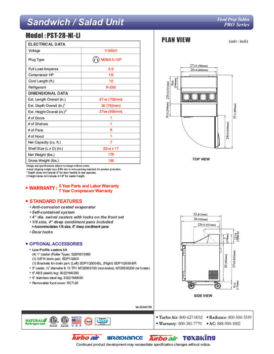 Turbo Air PST-28-N (Left or Right Side Hinge) 1 Solid Door Sandwich/Salad Unit Front Breathing Airflow - Donut-Equipment.com