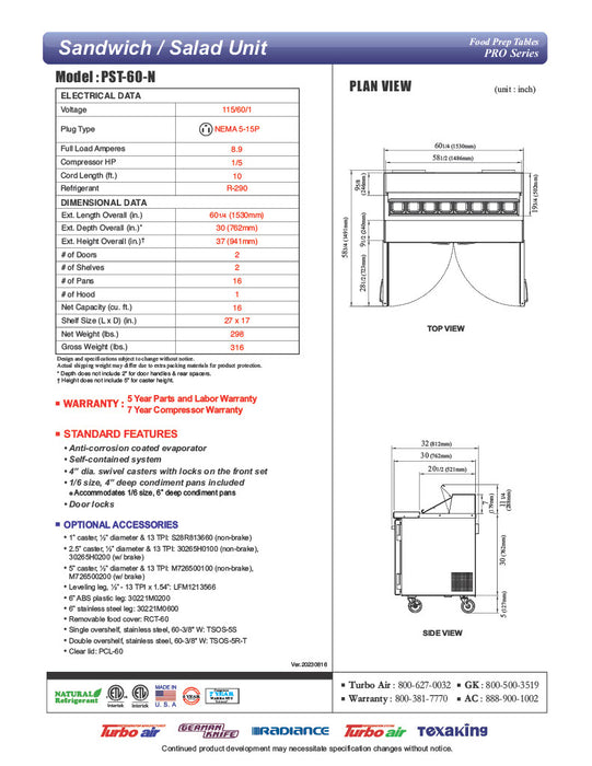 Turbo Air PST-60-N 60 1/4" PRO Series Sandwich/Salad Prep Table w/ Refrigerated Base, 115v - Donut-Equipment.com