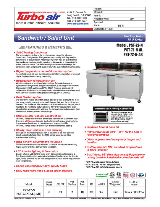 Turbo Air PST-72-N 72 5/8" PRO Series Sandwich/Salad Prep Table w/ Refrigerated Base - Donut-Equipment.com