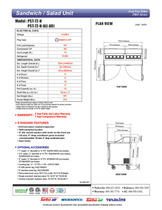 Turbo Air PST-72-N 72 5/8" PRO Series Sandwich/Salad Prep Table w/ Refrigerated Base - Donut-Equipment.com