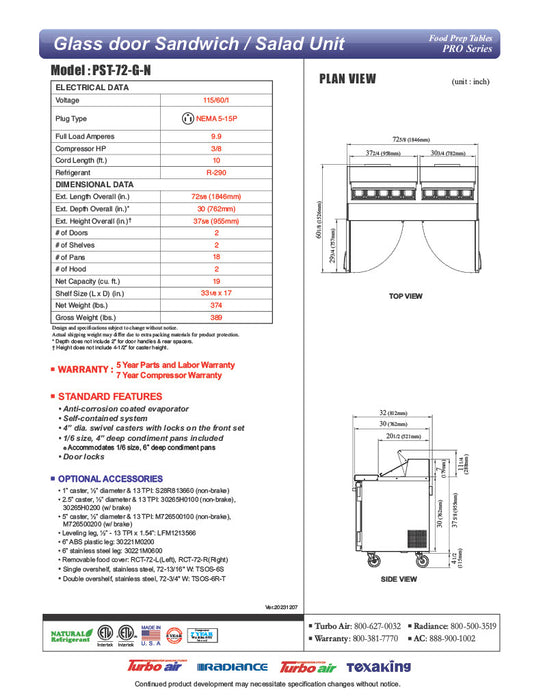 Turbo Air PST-72-G-N 72 5/8" Glass Door PRO Series Sandwich/Salad Prep Table w/ Refrigerated Base - Donut-Equipment.com