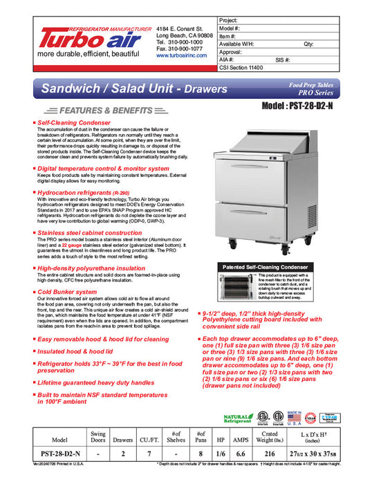 Turbo Air PST-28-D2-N 27 1/2" PRO Series Sandwich/Salad Prep Table w/ Refrigerated Base - Donut-Equipment.com
