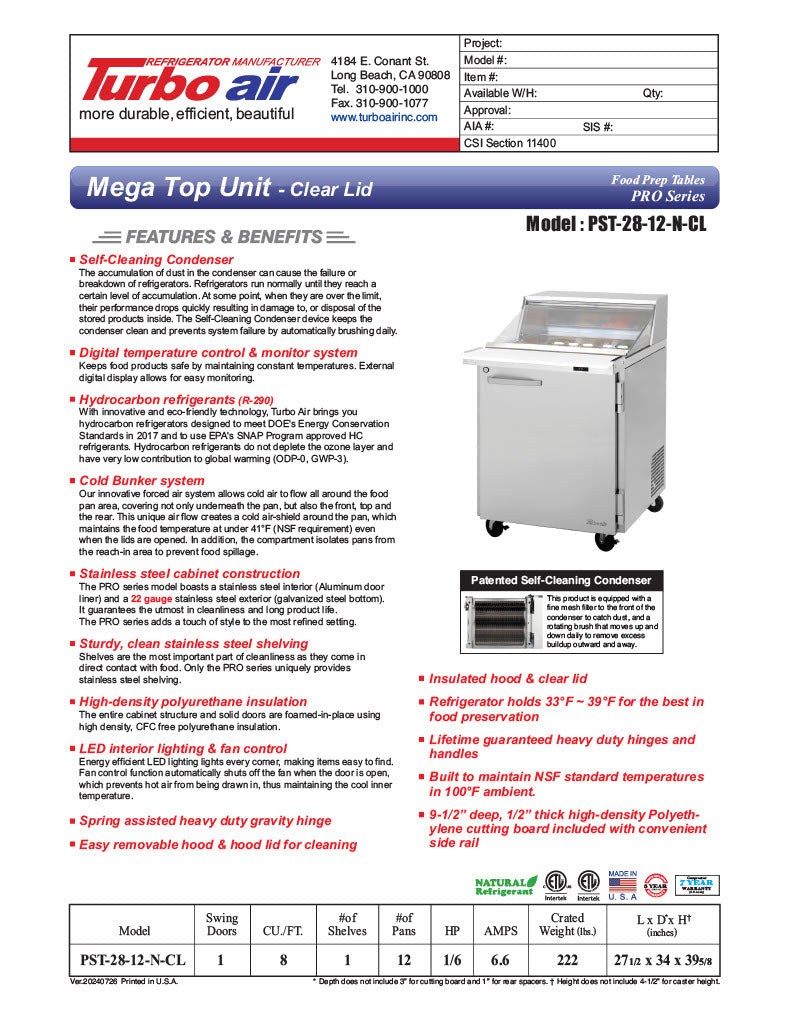 Turbo Air PST-28-12-N-CL 27 1/2" PRO Series Mega Top Sandwich/Salad Prep Table w/ Refrigerated Base - Donut-Equipment.com