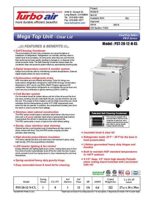 Turbo Air PST-28-12-N-CL 27 1/2" PRO Series Mega Top Sandwich/Salad Prep Table w/ Refrigerated Base - Donut-Equipment.com