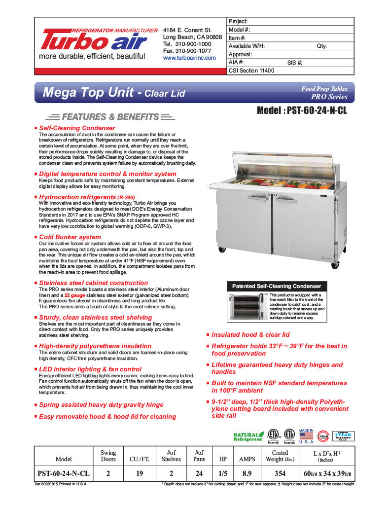Turbo Air PST-60-24-N-CL 60 1/4" PRO Series Mega Top Sandwich/Salad Prep Table w/ Refrigerated Base - Donut-Equipment.com