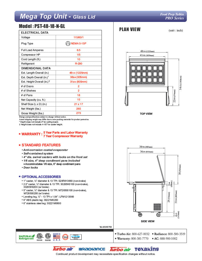 Turbo Air PST-48-18-N-GL 48 1/4" PRO Series Mega Top Sandwich/Salad Prep Table w/ Refrigerated Base - Donut-Equipment.com