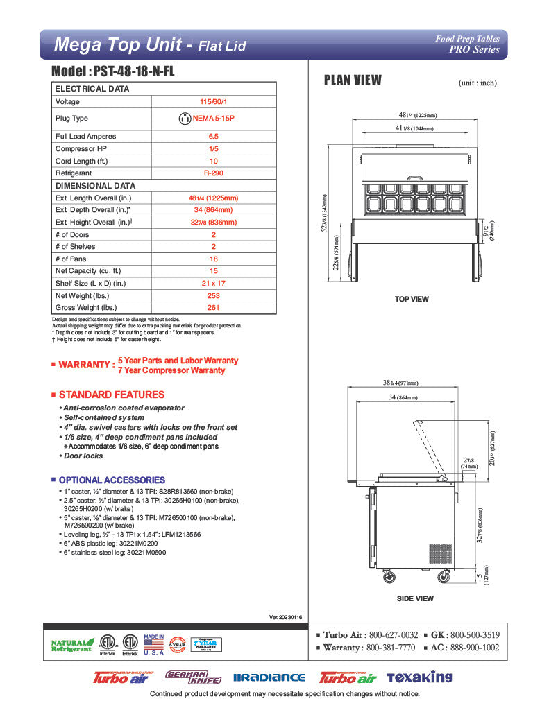Turbo Air PST-48-18-N-FL 48 1/4" PRO Series Mega Top Sandwich/Salad Prep Table w/ Refrigerated Base - Donut-Equipment.com