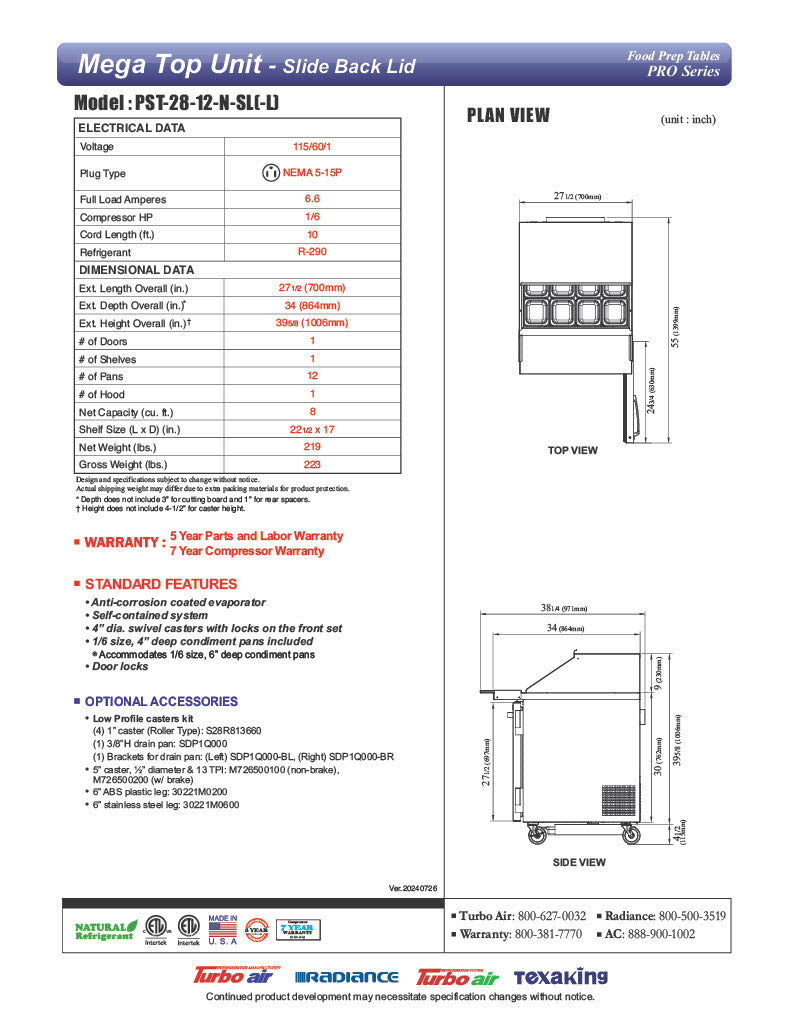 Turbo Air PST-28-12-N-SL 27 1/2" PRO Series Mega Top Sandwich/Salad Prep Table w/ Refrigerated Base - Donut-Equipment.com