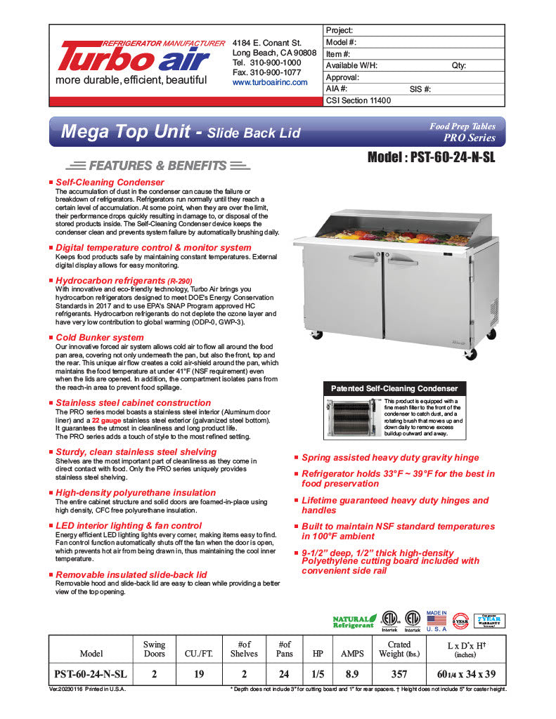 Turbo Air PST-60-24-N-SL 60 1/4" PRO Series Mega Top Sandwich/Salad Prep Table w/ Refrigerated Base - Donut-Equipment.com