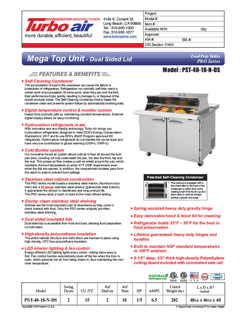 Turbo Air PST-48-18-N-DS 48 1/4" PRO Series Mega Top Dual Sided Sandwich/Salad Prep Table w/ Refrigerated Base - Donut-Equipment.com