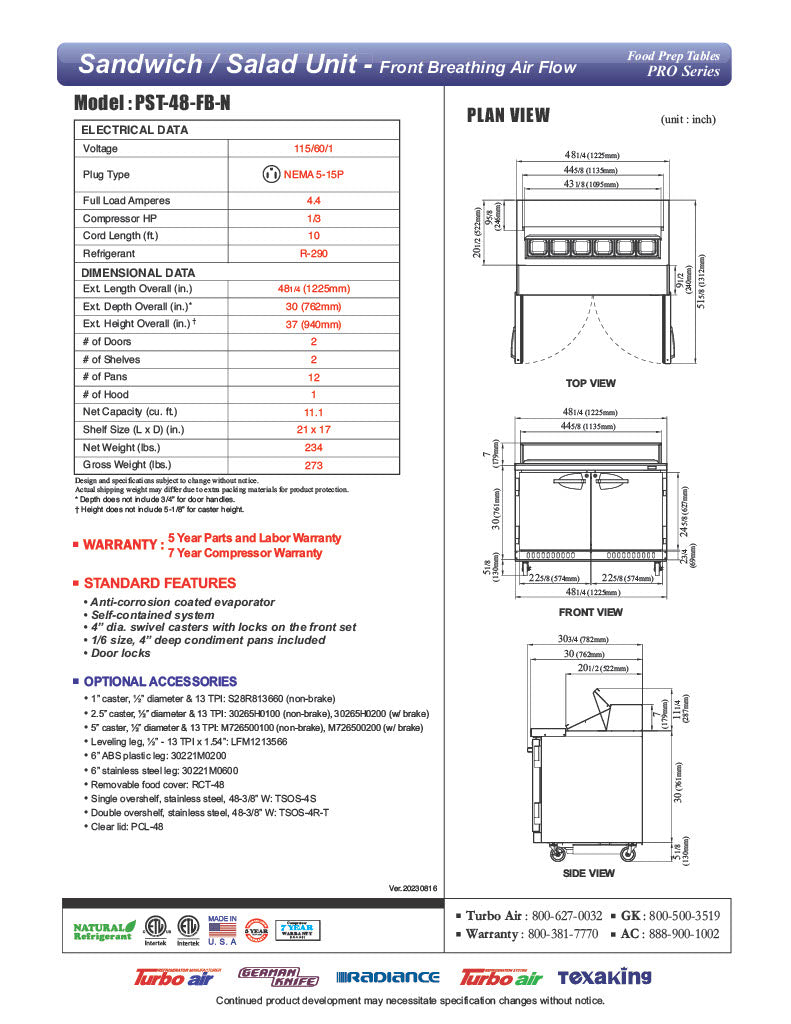Turbo Air PST-48-FB-N 48 1/4" PRO Series Sandwich/Salad Prep Table w/ Refrigerated Base - Donut-Equipment.com