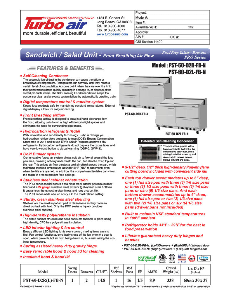 Turbo Air PST-60-D2R(L)-FB-N" PRO Series Sandwich/Salad Prep Table w/ Refrigerated Base - Donut-Equipment.com