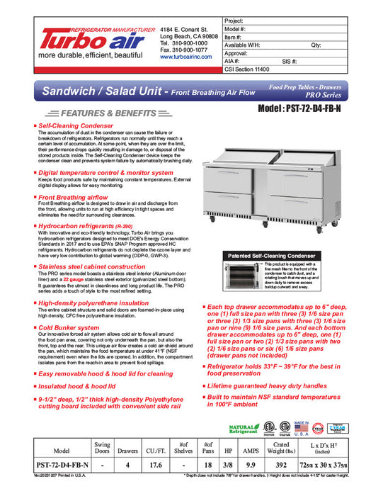 Turbo Air PST-72-D4-FB-N 72 5/8" PRO Series Mega Top Sandwich/Salad Prep Table w/ Refrigerated Base - Donut-Equipment.com