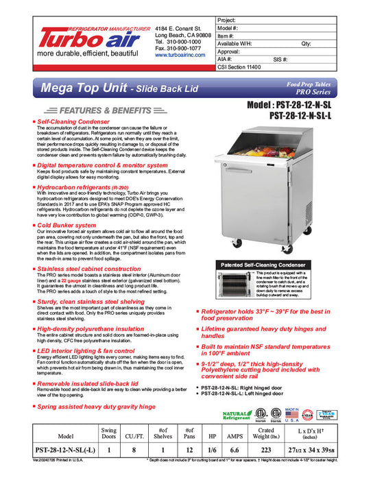 Turbo Air PST-28-12-FB-N(-L) " PRO Series Mega Top Sandwich/Salad Prep Table w/ Refrigerated Base - Donut-Equipment.com