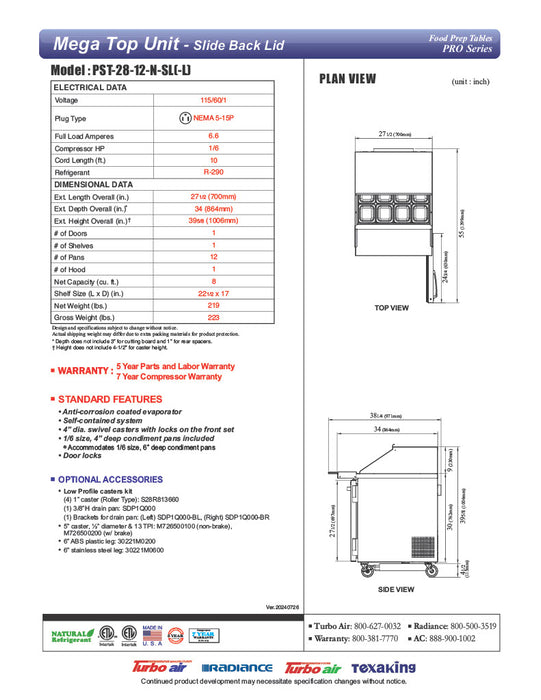 Turbo Air PST-28-12-FB-N(-L) " PRO Series Mega Top Sandwich/Salad Prep Table w/ Refrigerated Base - Donut-Equipment.com