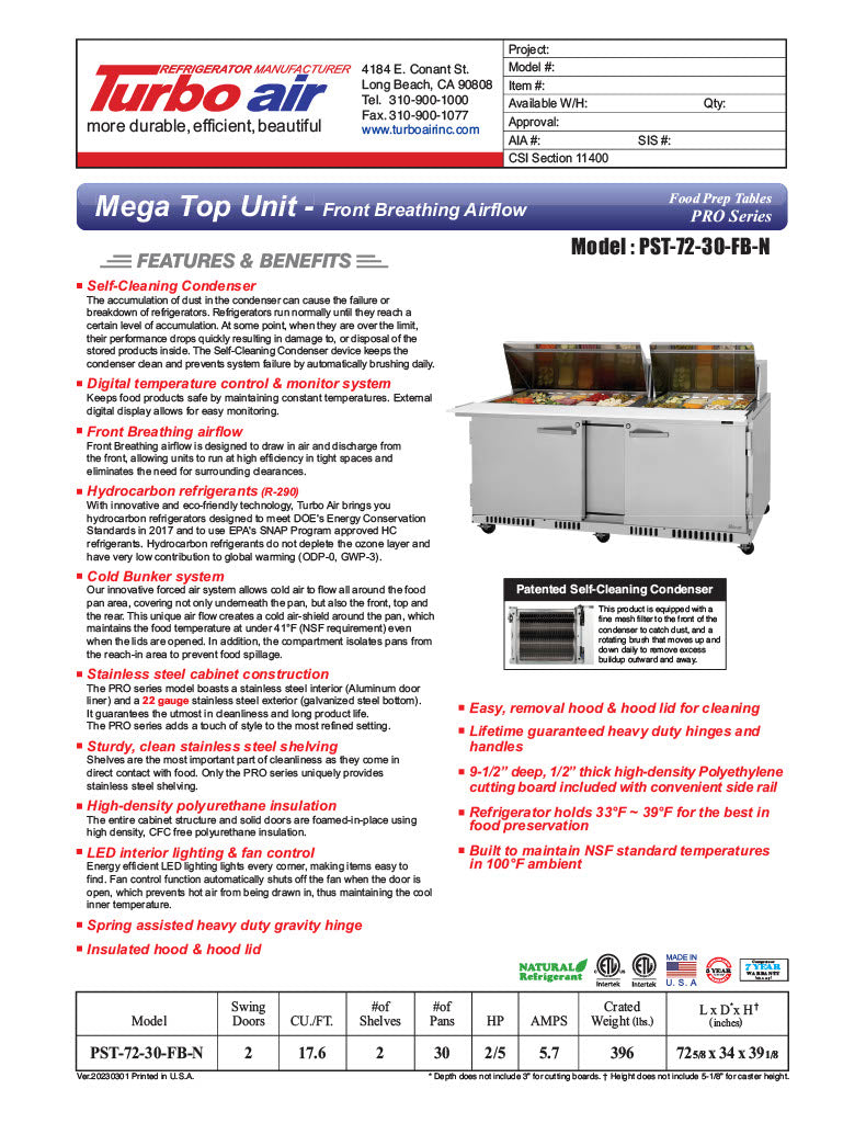 Turbo Air PST-72-30-FB-N 72 5/8" PRO Series Mega Top Sandwich/Salad Prep Table w/ Refrigerated Base - Donut-Equipment.com