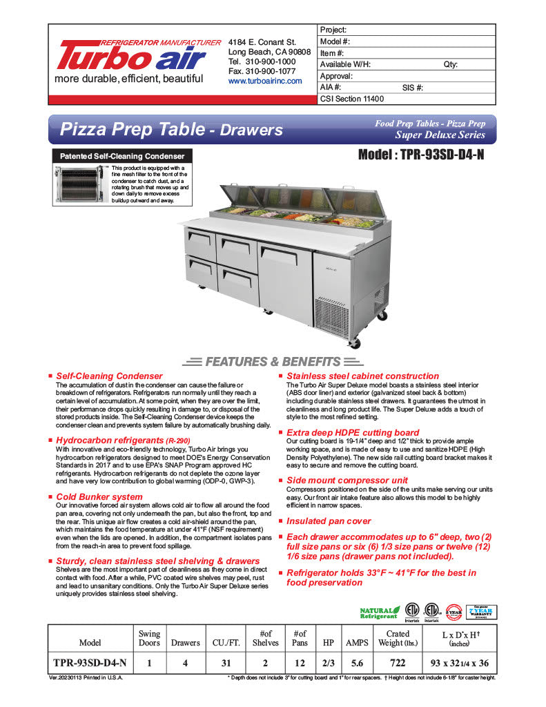 Turbo Air TPR-93SD-D4-N 93" Pizza Prep Table with1 Door and 4 Drawers - Donut-Equipment.com