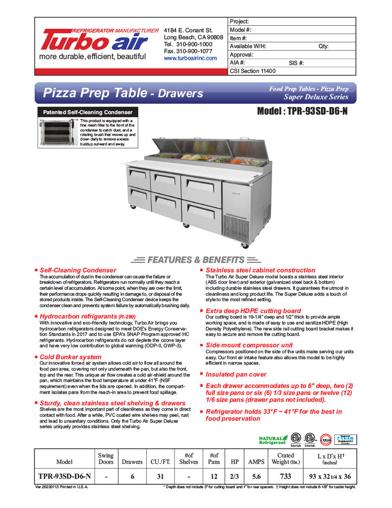 Turbo Air TPR-93SD-D6-N 93" 6 Drawer Pizza Prep Table - Donut-Equipment.com
