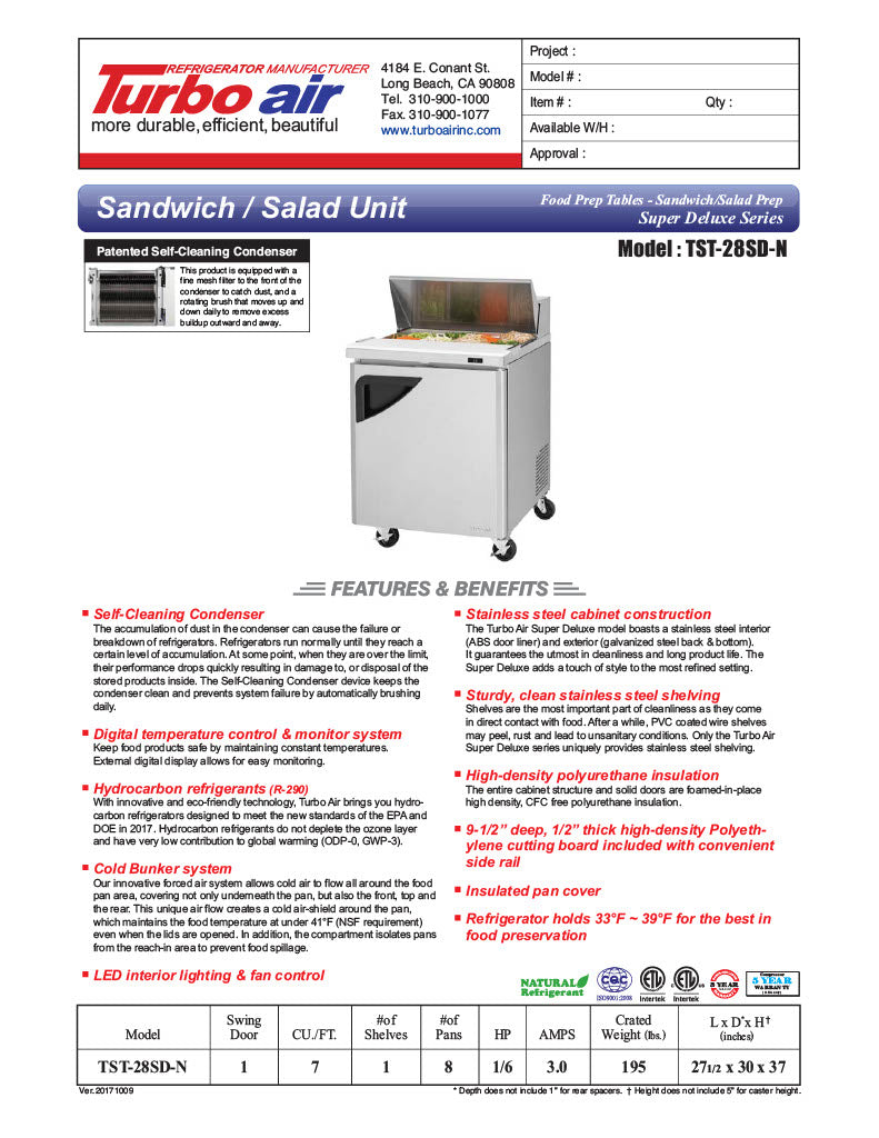 Turbo Air TST-28SD-N 28" 1 Door Refrigerated Sandwich Prep Table - Donut-Equipment.com