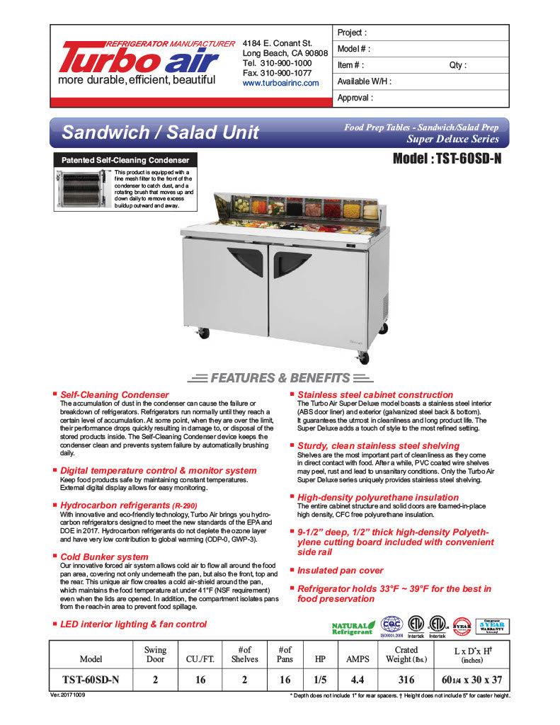Turbo Air TST-60SD-N 60" Super Deluxe 2 Door Refrigerated Sandwich Prep Table - Donut-Equipment.com