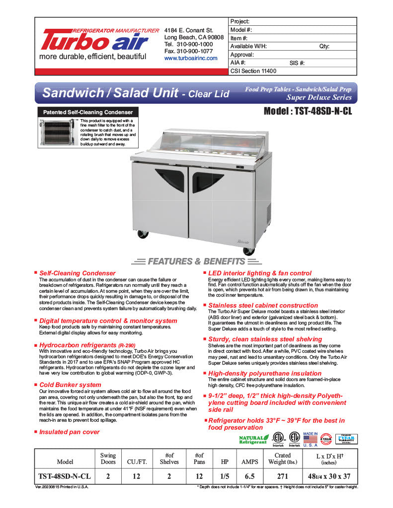 Turbo Air Super Deluxe TST-48SD-N-CL 48" 2 Door Refrigerated Sandwich Prep Table with Clear Lid - Donut-Equipment.com