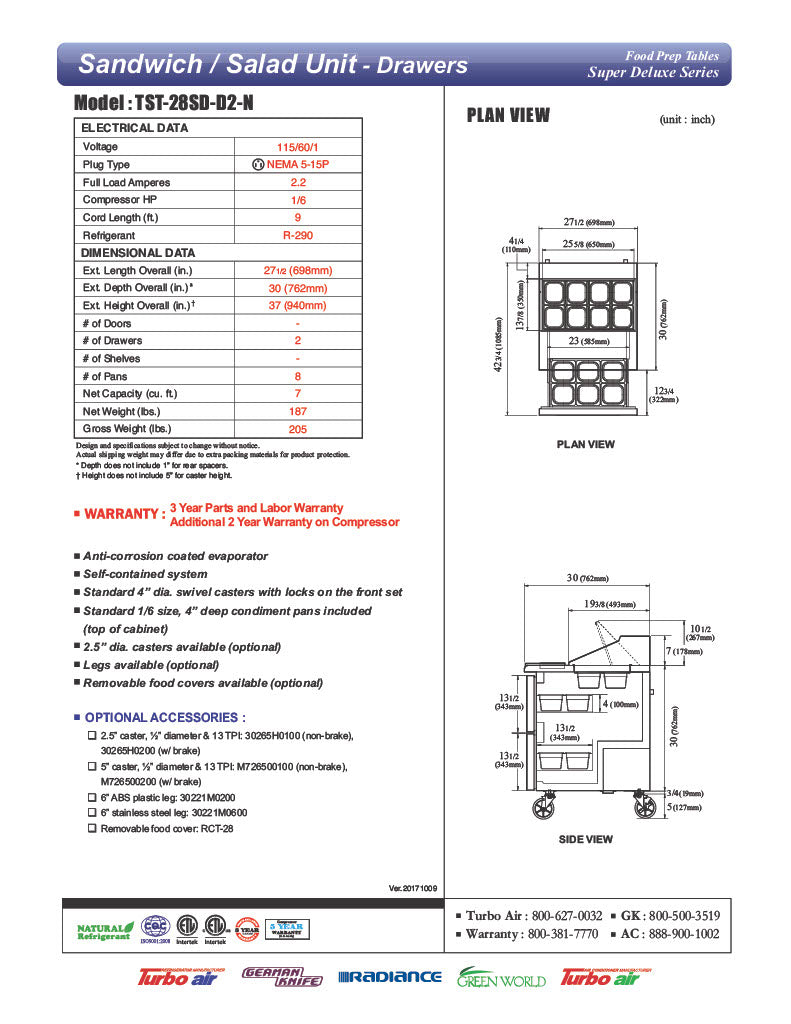 Turbo Air TST-28SD-D2-N 28" 2 Drawer Refrigerated Sandwich Prep Table - Donut-Equipment.com