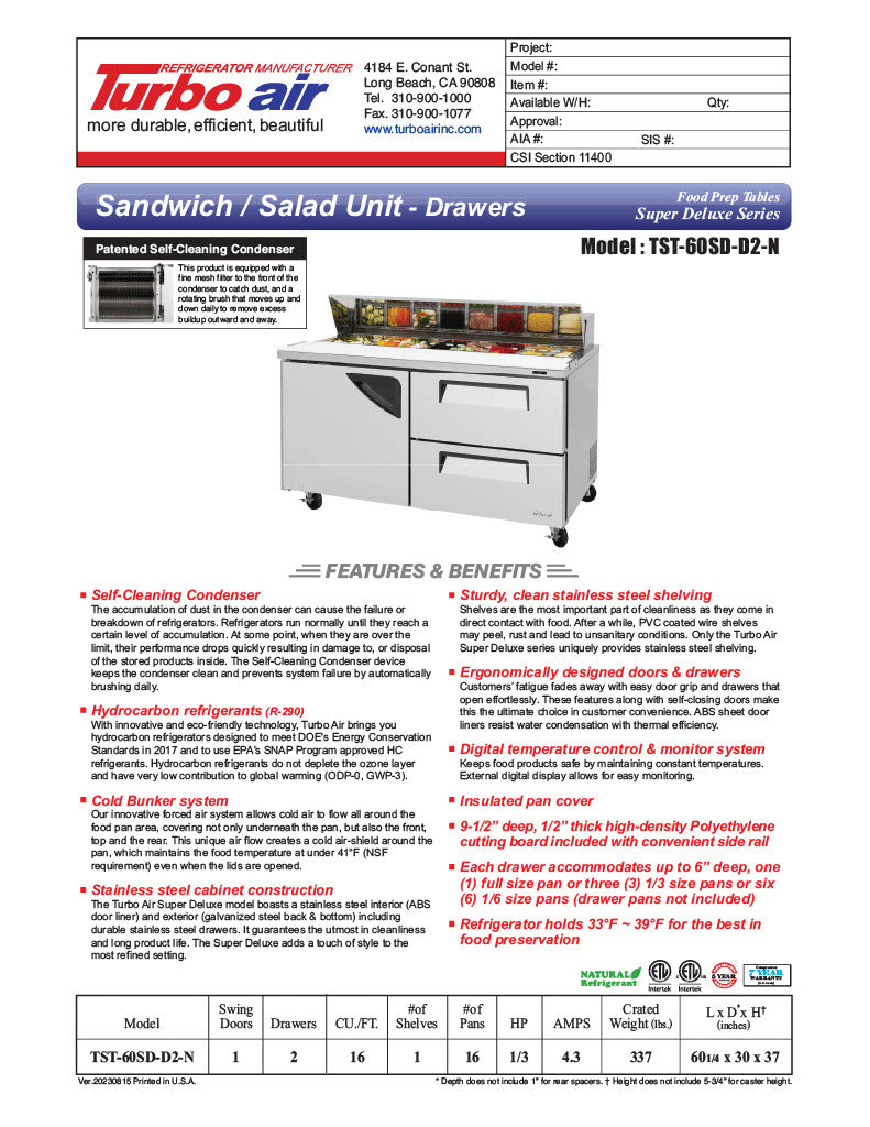 Turbo Air TST-60SD-D2-N 60" 1 Door 2 Drawer Refrigerated Sandwich Prep Table - Donut-Equipment.com