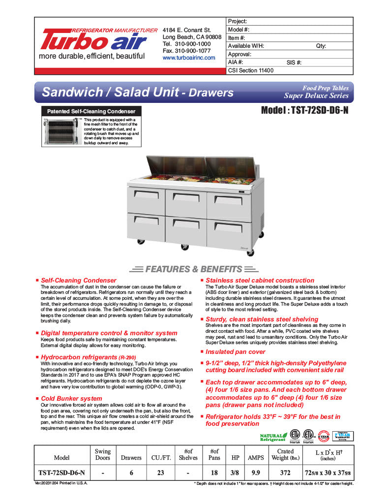 Turbo Air TST-72SD-D6-N" 4 Drawer Refrigerated Sandwich Prep Table - Donut-Equipment.com