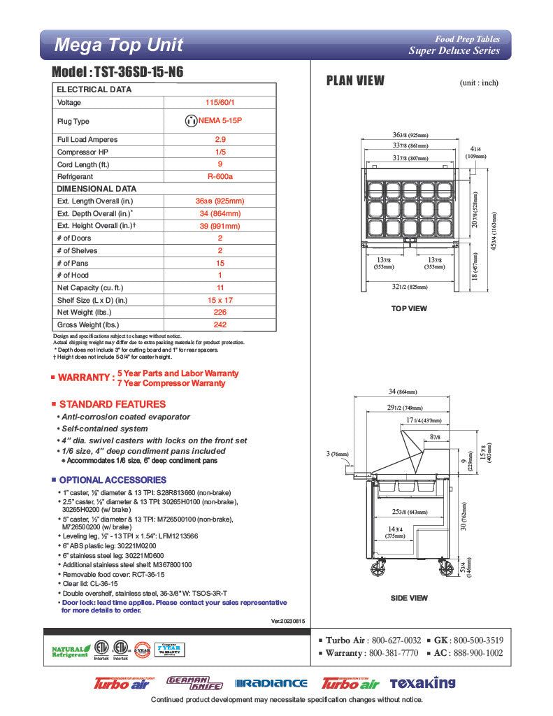 Turbo Air TST-36SD-15-N6 36" 2 Door Mega Top Refrigerated Sandwich Prep Table - Donut-Equipment.com