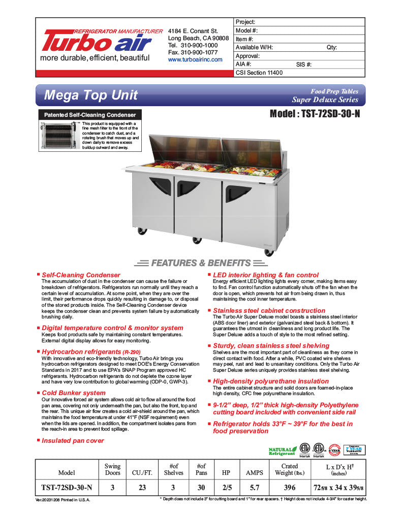 Turbo Air TST-72SD-30-N 73" Super Deluxe 3 Door Mega Top Refrigerated Sandwich Prep Table - Donut-Equipment.com