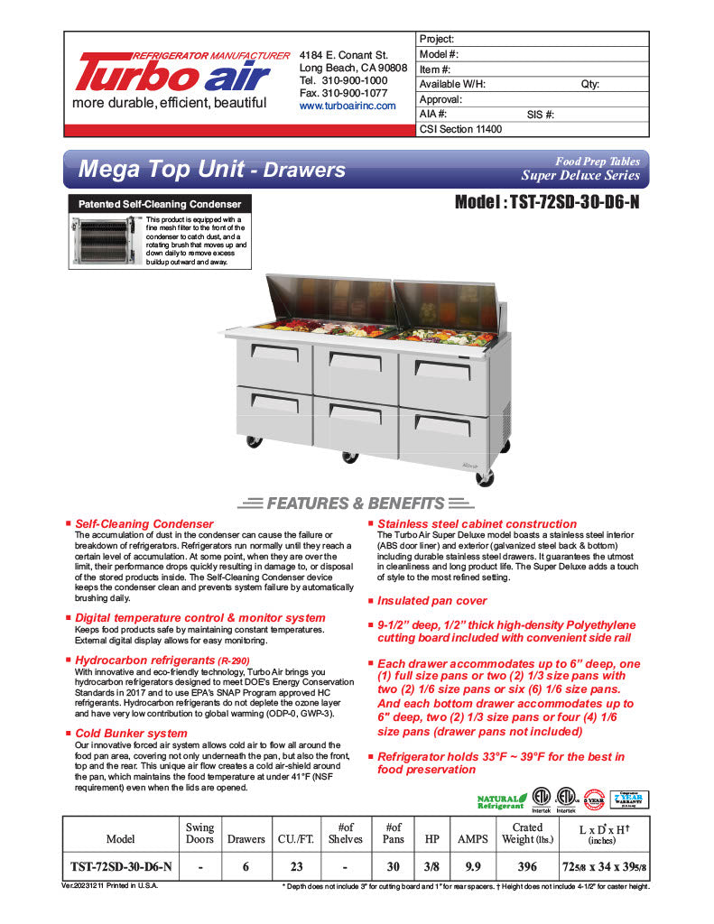 Turbo Air Super Deluxe TST-72SD-30-D6-N 72" 6 Drawer Mega Top Refrigerated Sandwich Prep Table - Donut-Equipment.com