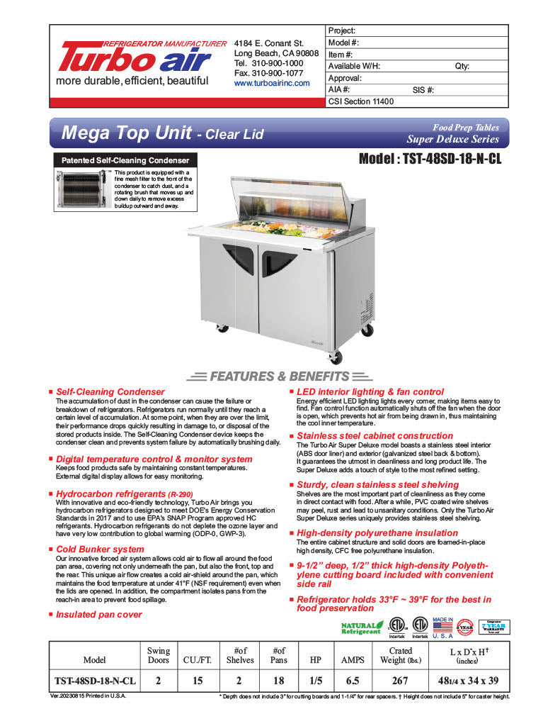 Turbo Air Super Deluxe TST-48SD-18-N-CL 48" 2 Door Refrigerated Mega Top Sandwich Prep Table with Clear Lid - Donut-Equipment.com