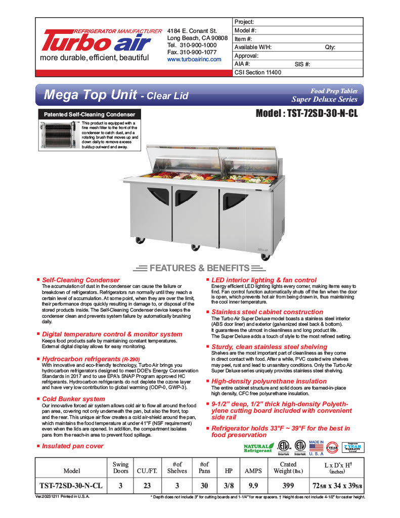 Turbo Air Super Deluxe TST-72SD-30-N-CL 72" 3 Door Mega Top Refrigerated Sandwich Prep Table with Clear Lid - Donut-Equipment.com